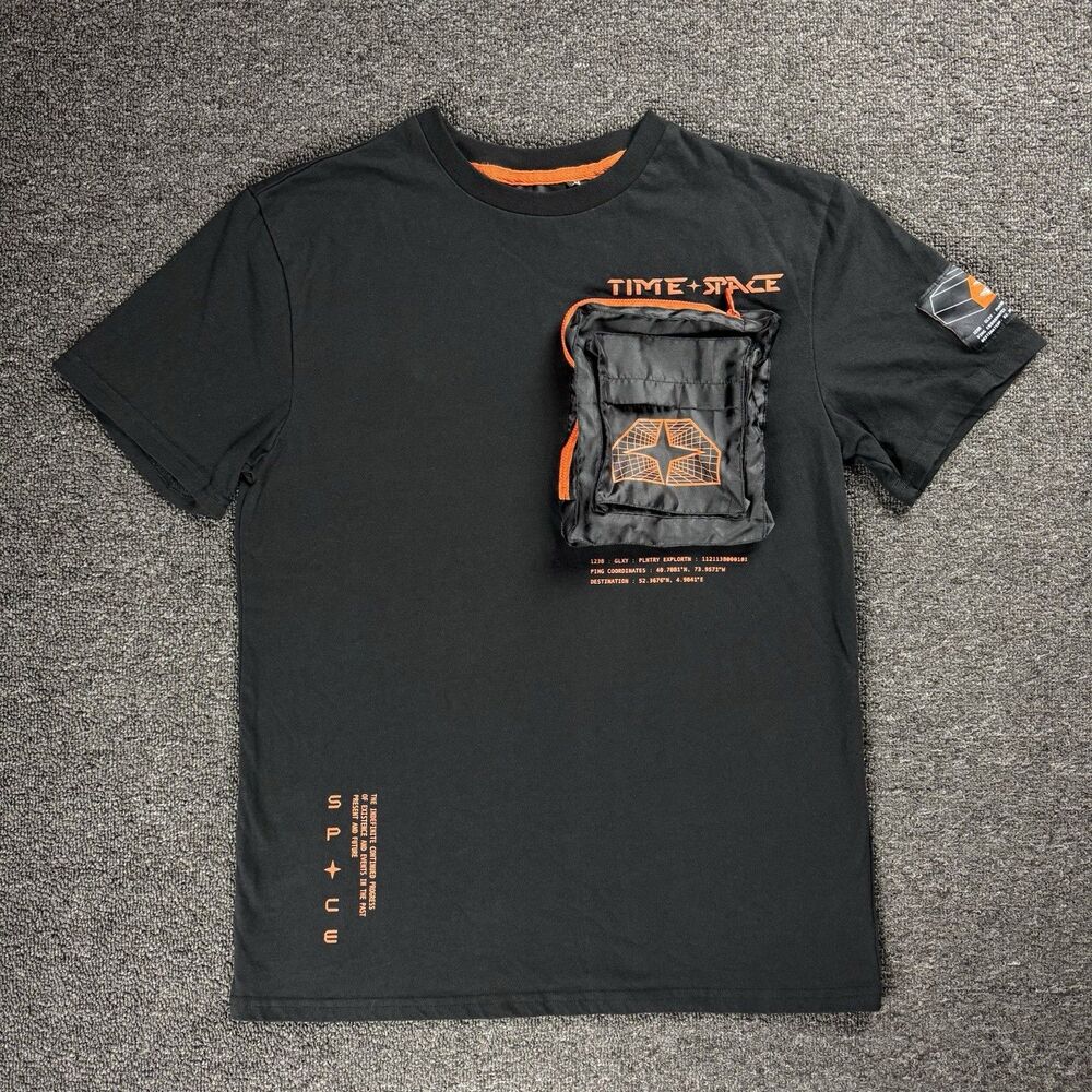 Time + Space Mens Med Graphic T-Shirt Black Orange 3D Cargo Pocket Streetwear